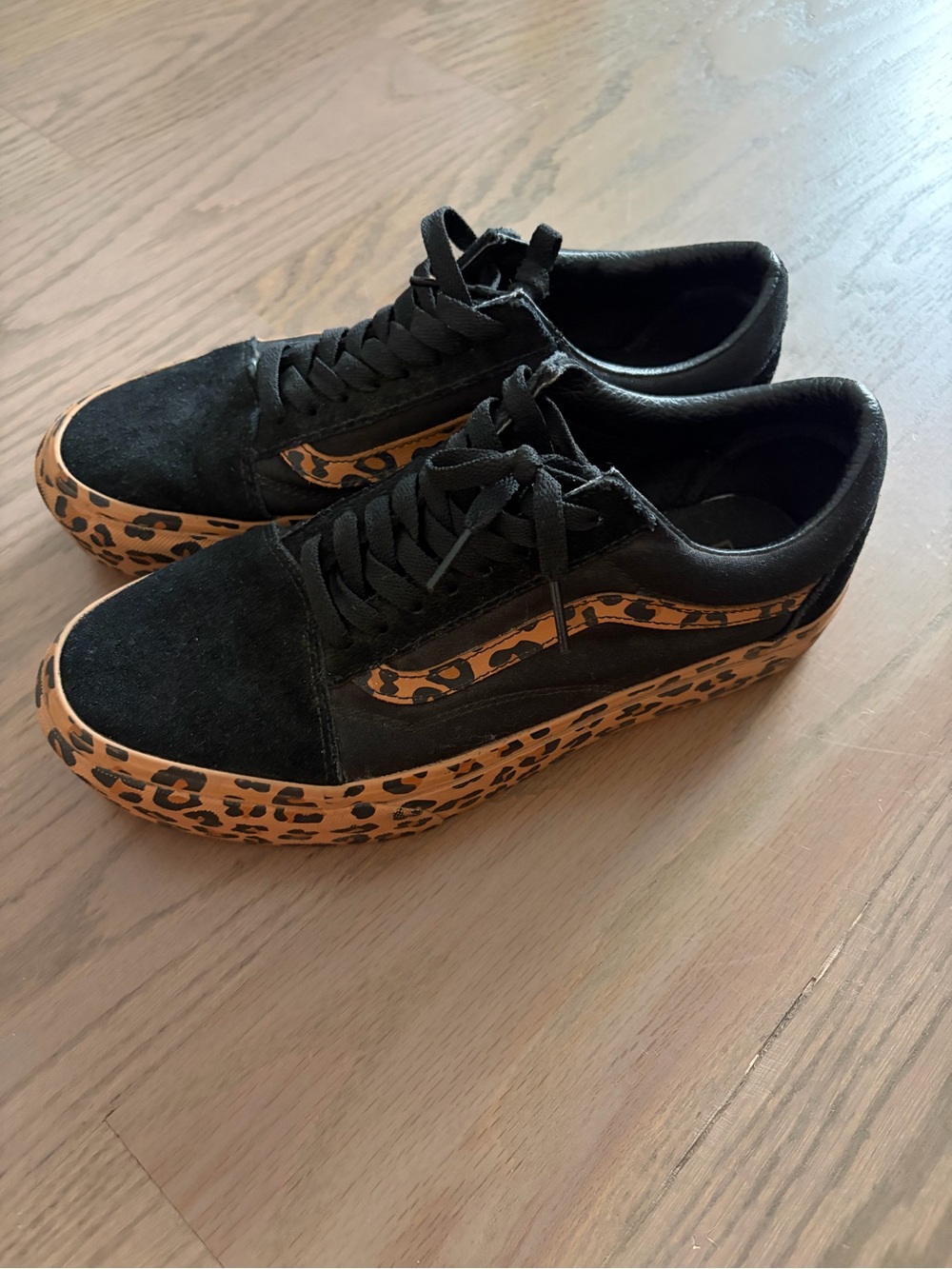 Vans Black Low-Top Platform Sneakers with Leopard-Print Accent